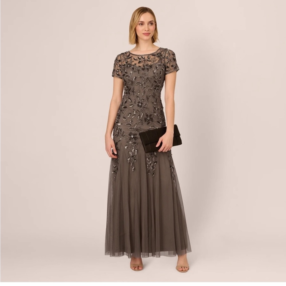 Adrianna Papell Beaded Illusion Tulle Gown SZ 6 NWT Charcoal Taupe Maxi MOB GALA